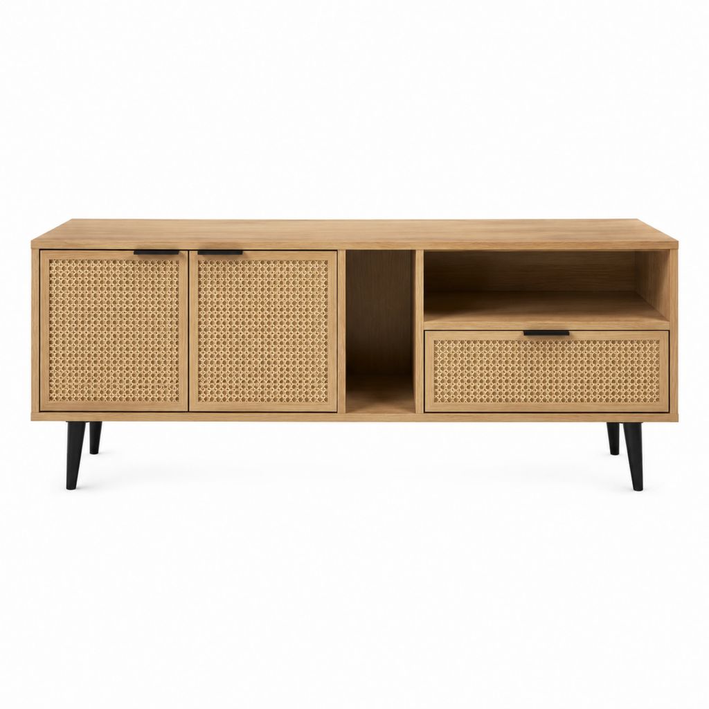 TV-Lowboard Naturholzoptik mit Rattangeflecht 160 x 40 x 60 cm
