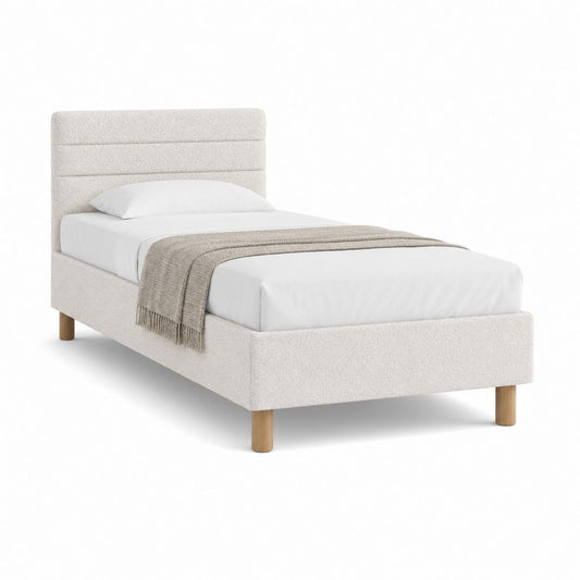 Boxspringbett Einzelbett Creme mit Polyester-Bouclébezug und Massivholzfüßen 90 x 200 cm