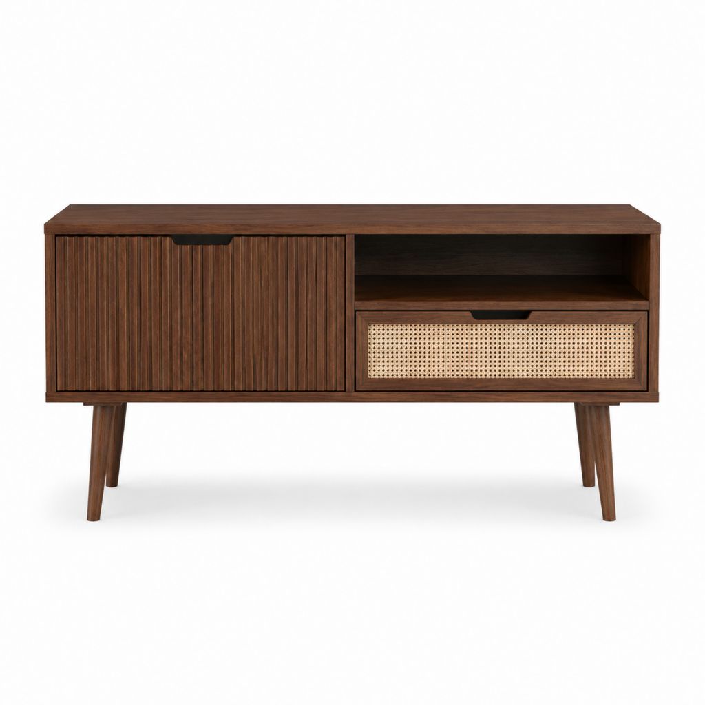 TV-Lowboard Nussbaumfarben aus MDF mit Nussbaumfurnier und Rattangeflecht rechteckig 120 x 40 x 75 cm