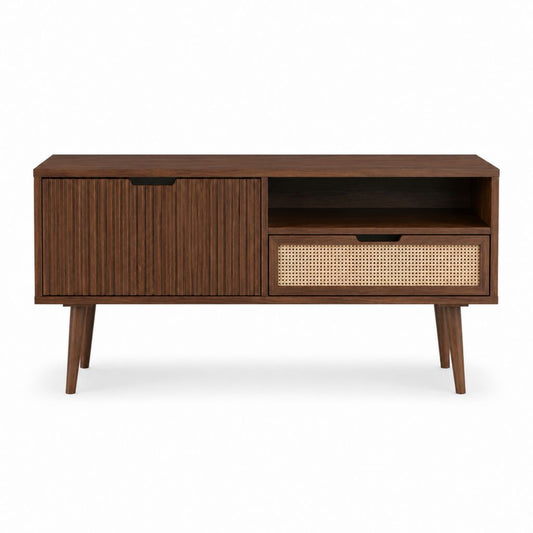 TV-Lowboard Nussbaumfarben aus MDF mit Nussbaumfurnier und Rattangeflecht rechteckig 120 x 40 x 75 cm